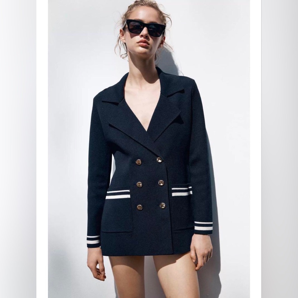 ZARA Women Navy Double-Breasted Gold Button Knot Blazer Jacket Size L NEW